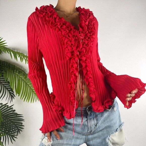 Vintage Y2K Red Fairycore Long Sleeve Fairycore 70s Style Ruffle Blouse / Large - Picture 1 of 6
